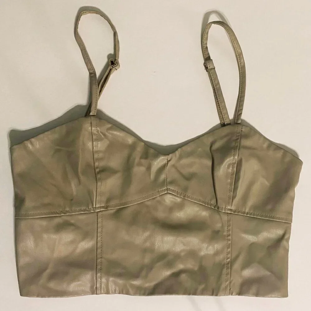 Zara Faux Leather Cream Colored Crop Tank Top with Adjustable Straps, Size S - Picture 2 of 9